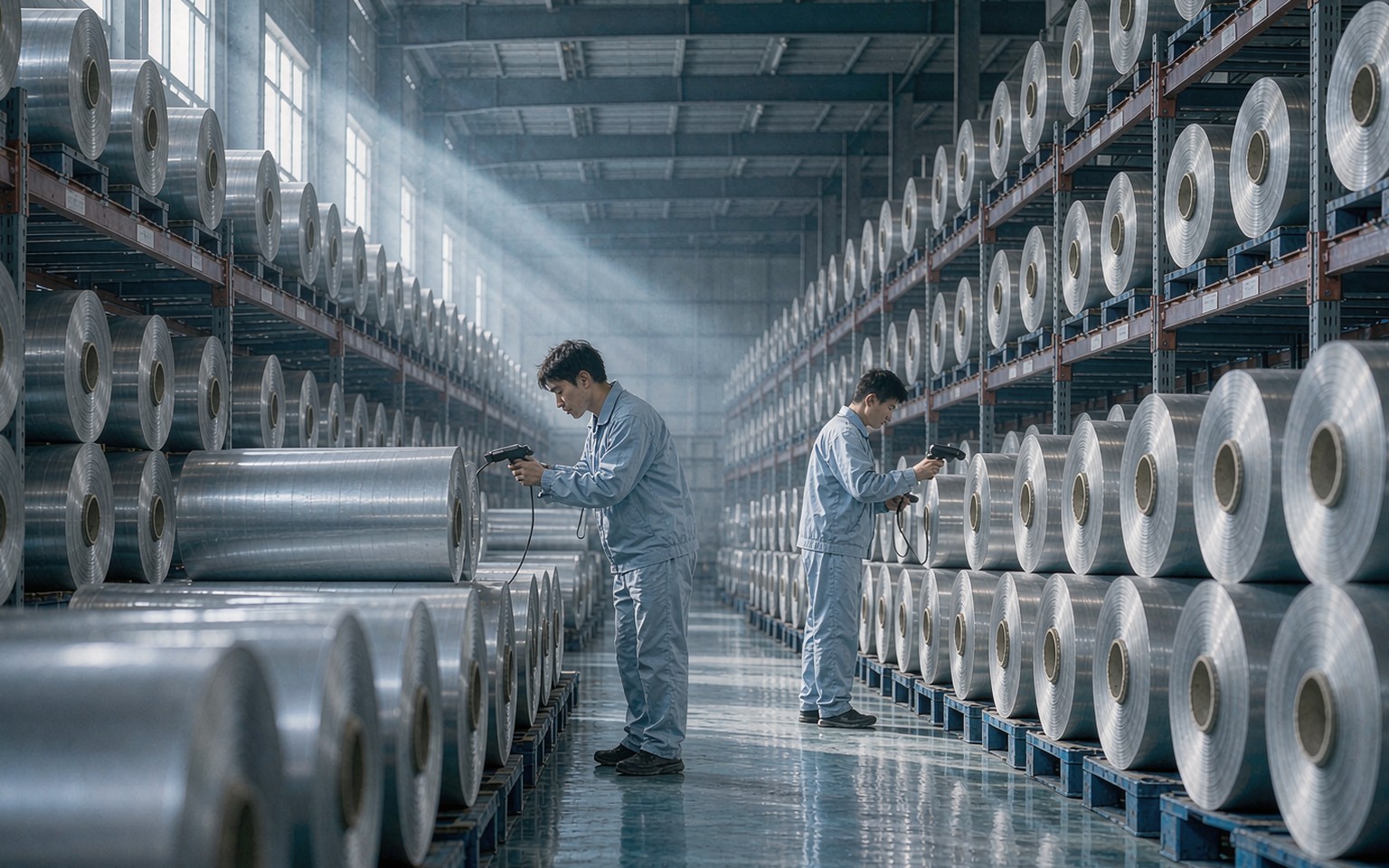 涂布厂成品仓员工用扫码枪逐卷核对膜卷