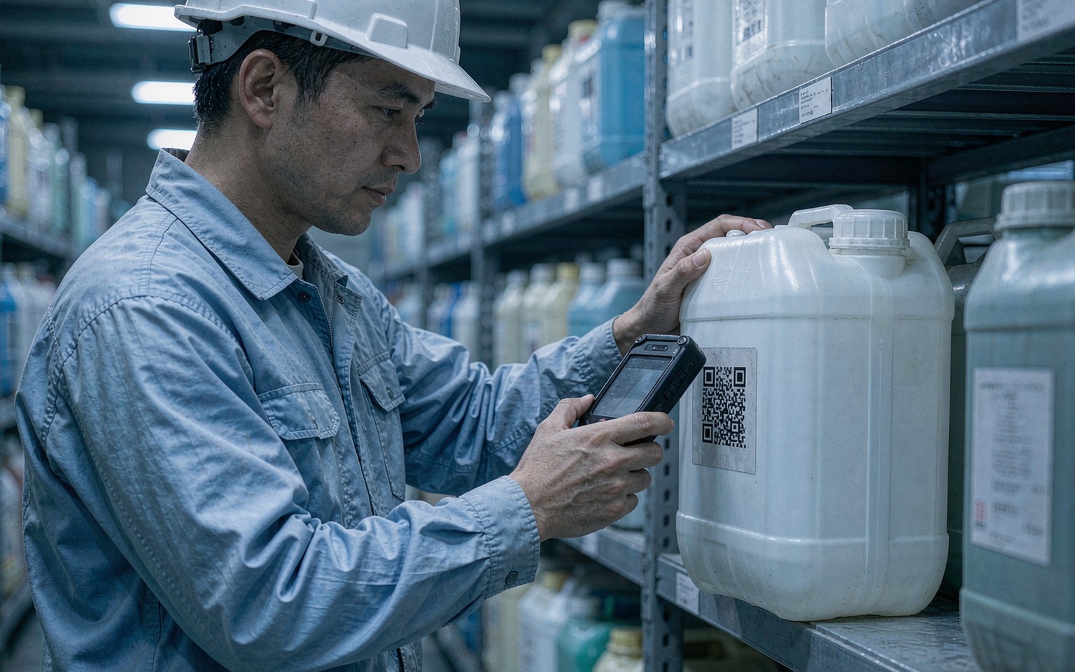 涂布厂操作员用工业PDA扫描胶水桶上的批次二维码