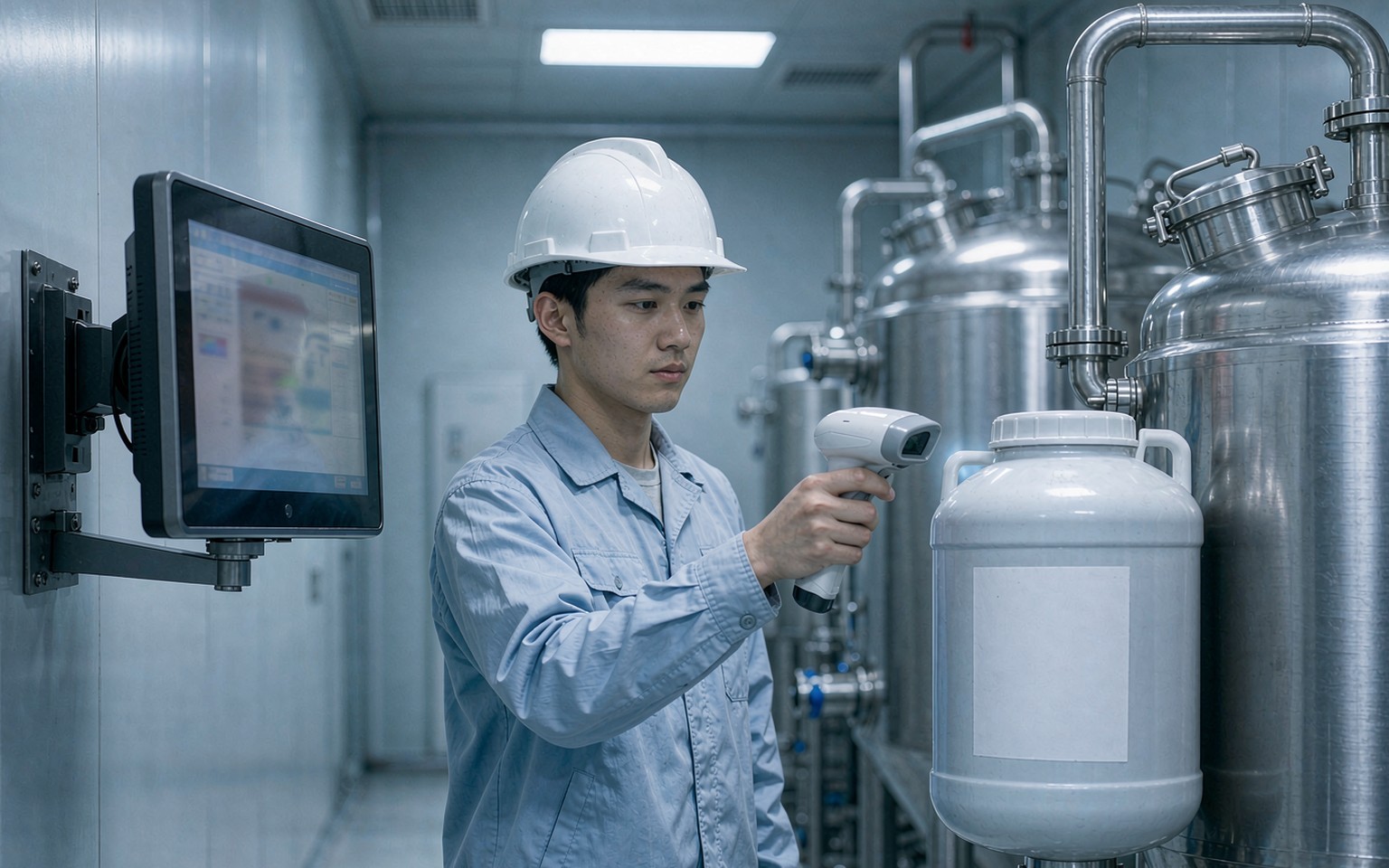 涂布车间操作员用扫码枪校验胶水桶批次
