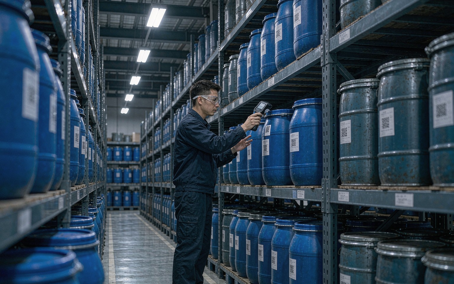 涂布厂原料仓库仓管员扫描桶身二维码标签