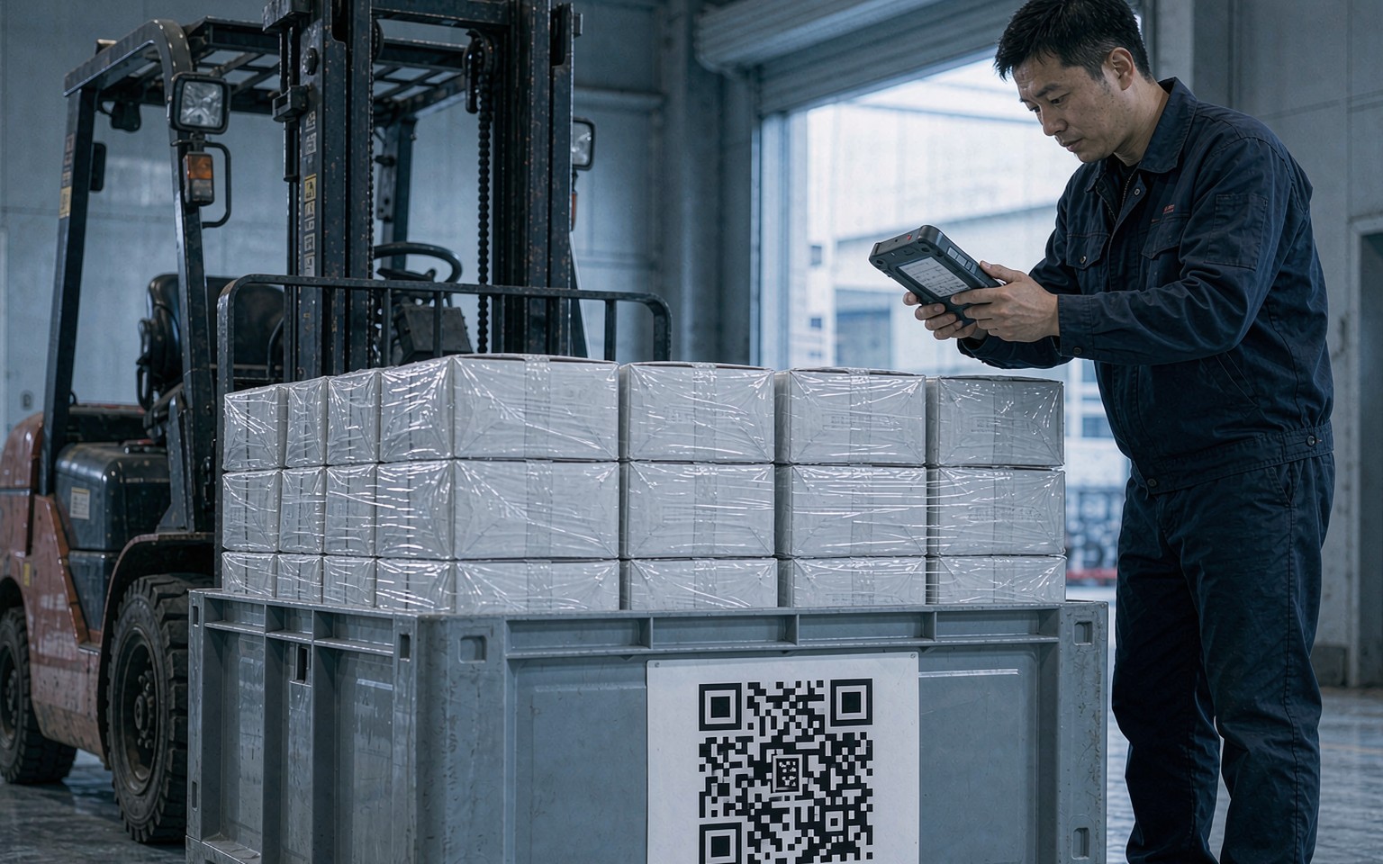 涂布厂成品出货区仓管员扫描托盘二维码标签